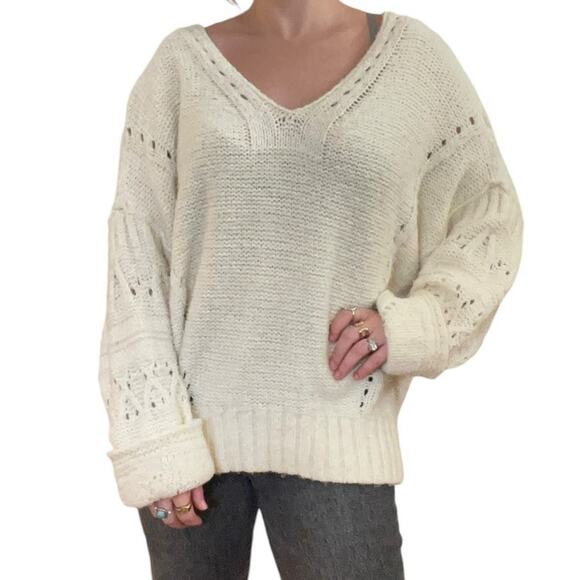 Anthropologie Pilcro Cream Slouchy Open Knit Cotton Blend Scoop Neck Sweater L - Picture 2 of 4